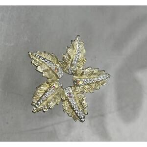 Vintage Brushed Gold 5 Leaf Brooch Rhinestones Aurora Borealis Pin